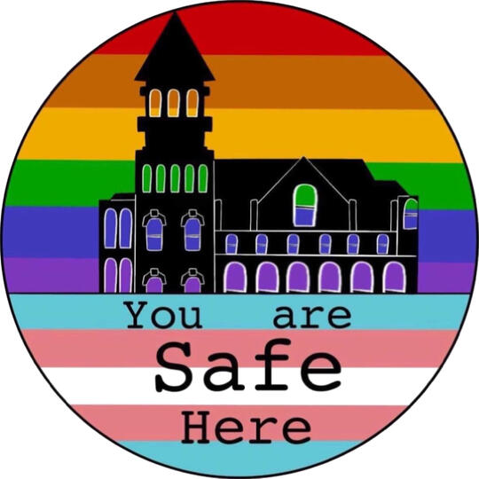 The logo for WCPQSA - A Silhouette of the Washington County, IN Courthouse on a rainbow pride flag. Below it is a trans flag with the words "You are Safe Here" on it.