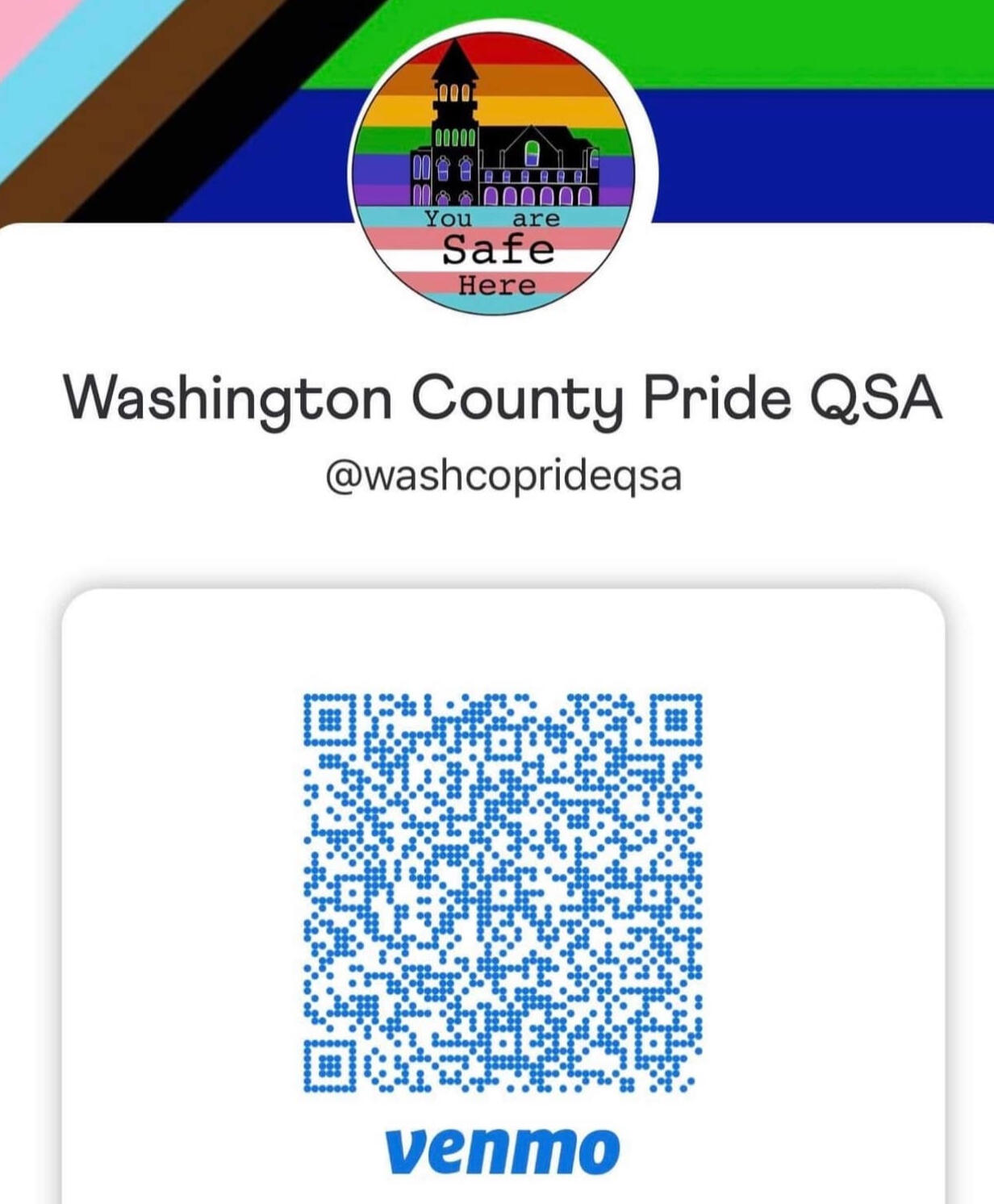 @washcopridewsa A Venmo QR code as well as the handle for Washington County Pride QSA. @washcopridewsa